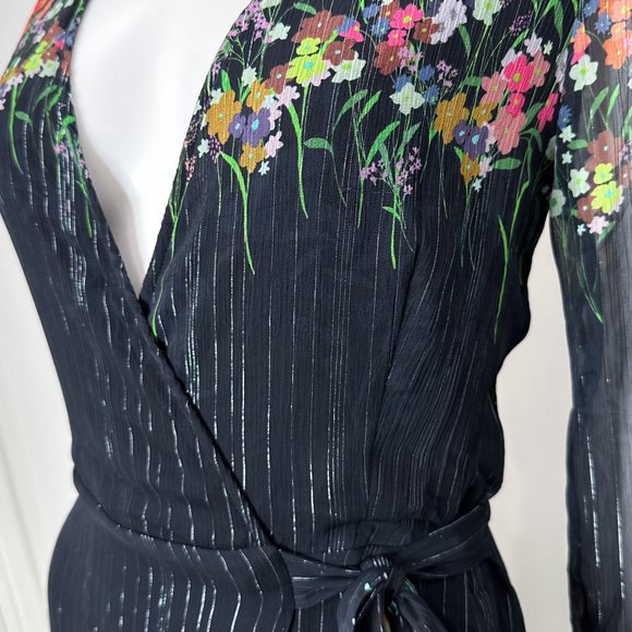 Anthropologie Laia Metallic Floral Print Midi Wrap Dress Black Navy Women's Sz S - Picture 8 of 17
